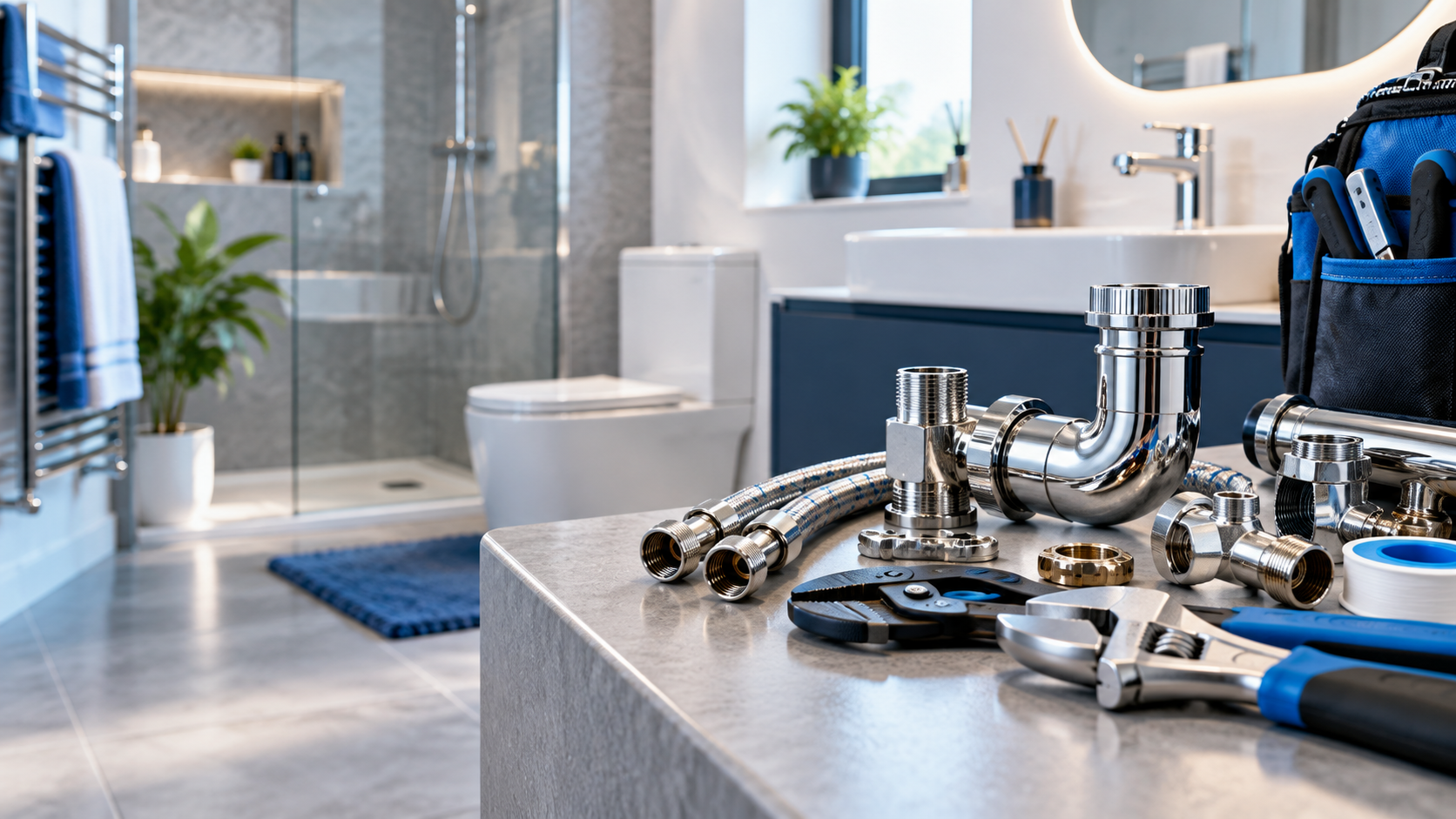 Plumbing fittings and tools in a modern bathroom