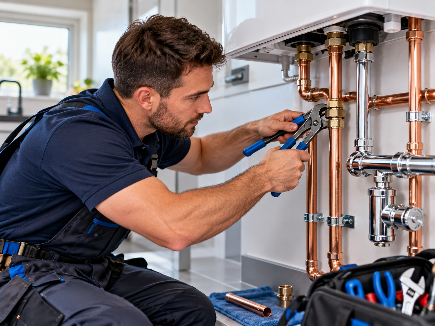 Plumber working on supply pipes